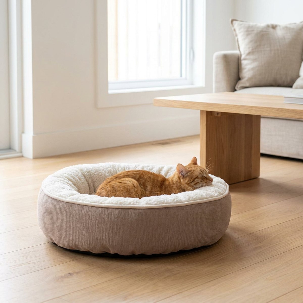 Orange tabby-katt som sover hopkurad i en rund beige sherpa-kattbädd på ett ljust trägolv