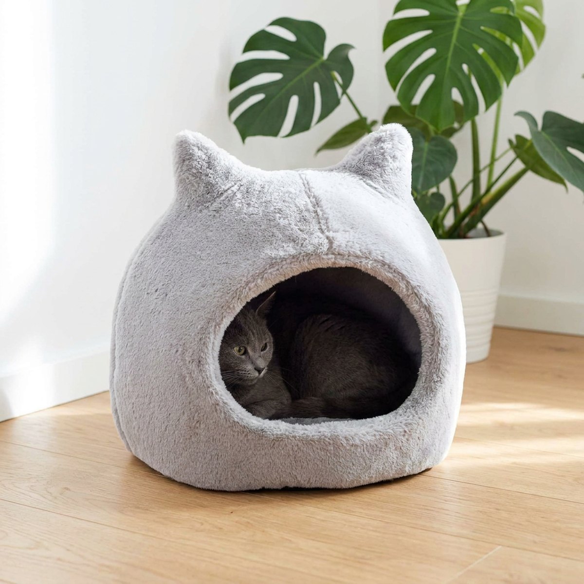 Grå katt gömd i en grå plysch-igloo med kattöron och rund ingång i ett ljust vardagsrum