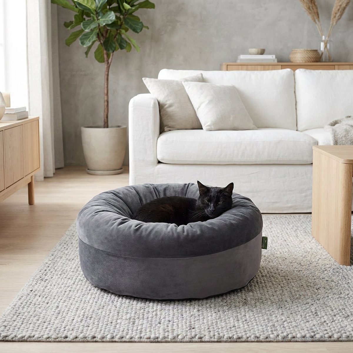Svart katt hoprullad i en rund mörkgrå velour-kattbädd på en ljus matta i ett minimalistiskt vardagsrum