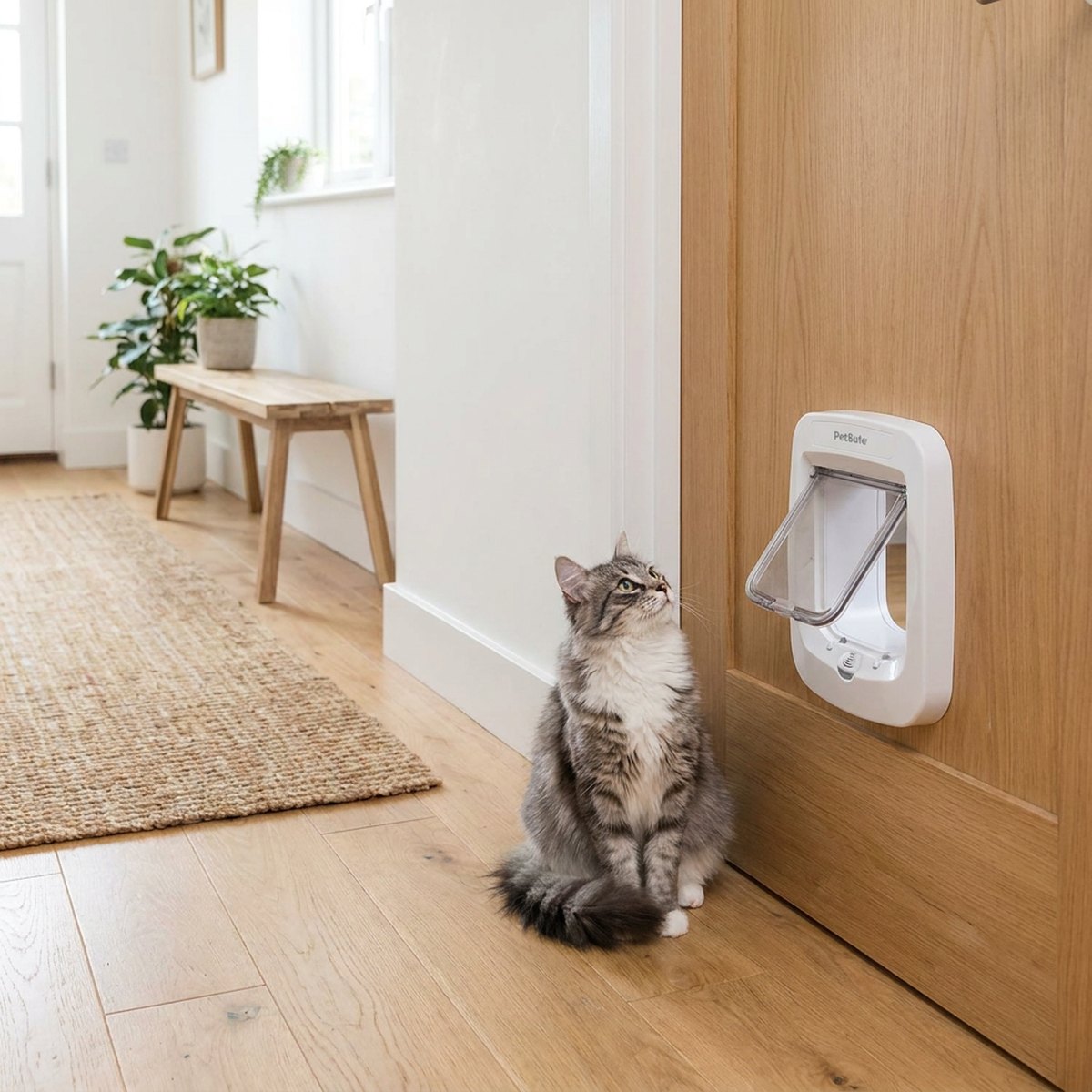 Grå-vit katt sitter framför en vit PetSafe Microchip kattlucka monterad i en träinredningsdörr i en ljus skandinavisk hall