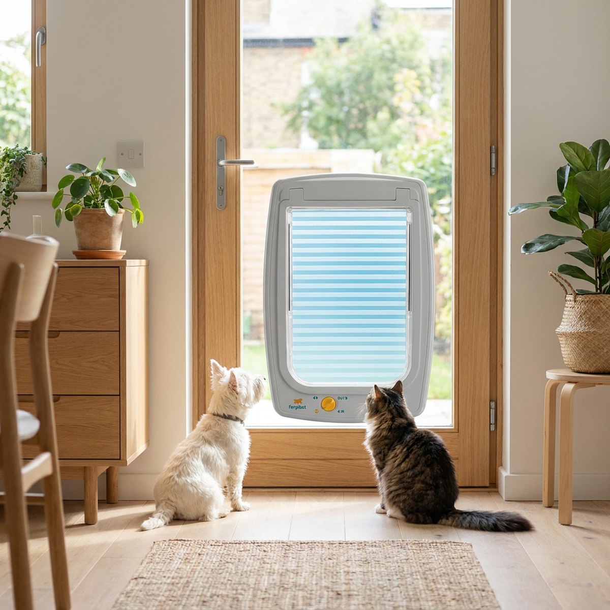 Liten vit hund och tabby katt sitter sida vid sida och tittar på en stor Ferplast Swing 11 kattlucka med genomskinliga lameller och gul knapp, monterad i en glasdörr mot trädgården