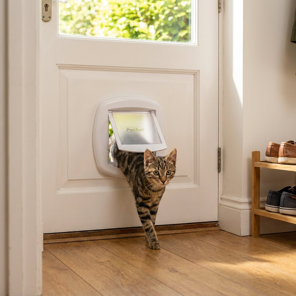 Tabby katt kliver in genom en enkel vit PetSafe Staywell 715 kattlucka monterad i en vit inredningsdörr i en skandinavisk hall med skoställ