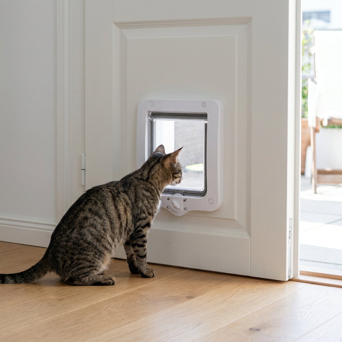 Tabby katt tittar genom en vit Trixie 4-vägs kattlucka med genomskinlig transparent lucka, monterad i en vit inredningsdörr med dagsljus utanför
