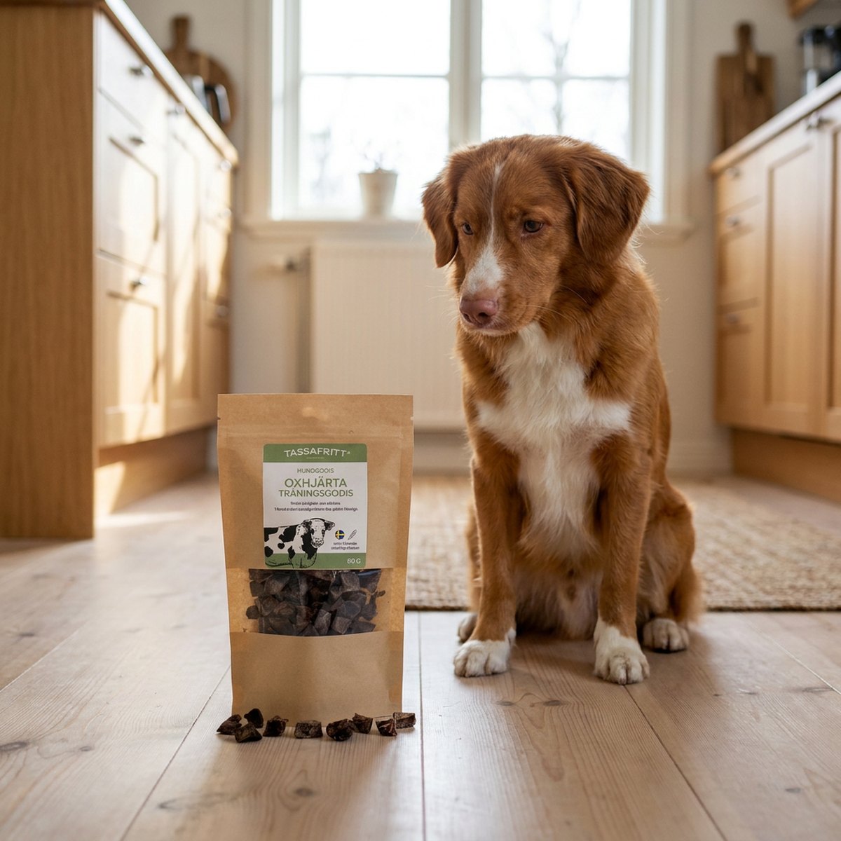 Hund som sitter bredvid en brun kraftpappersbag med TassaFritt Oxhjärta träningsgodis på ett ljust trägolv