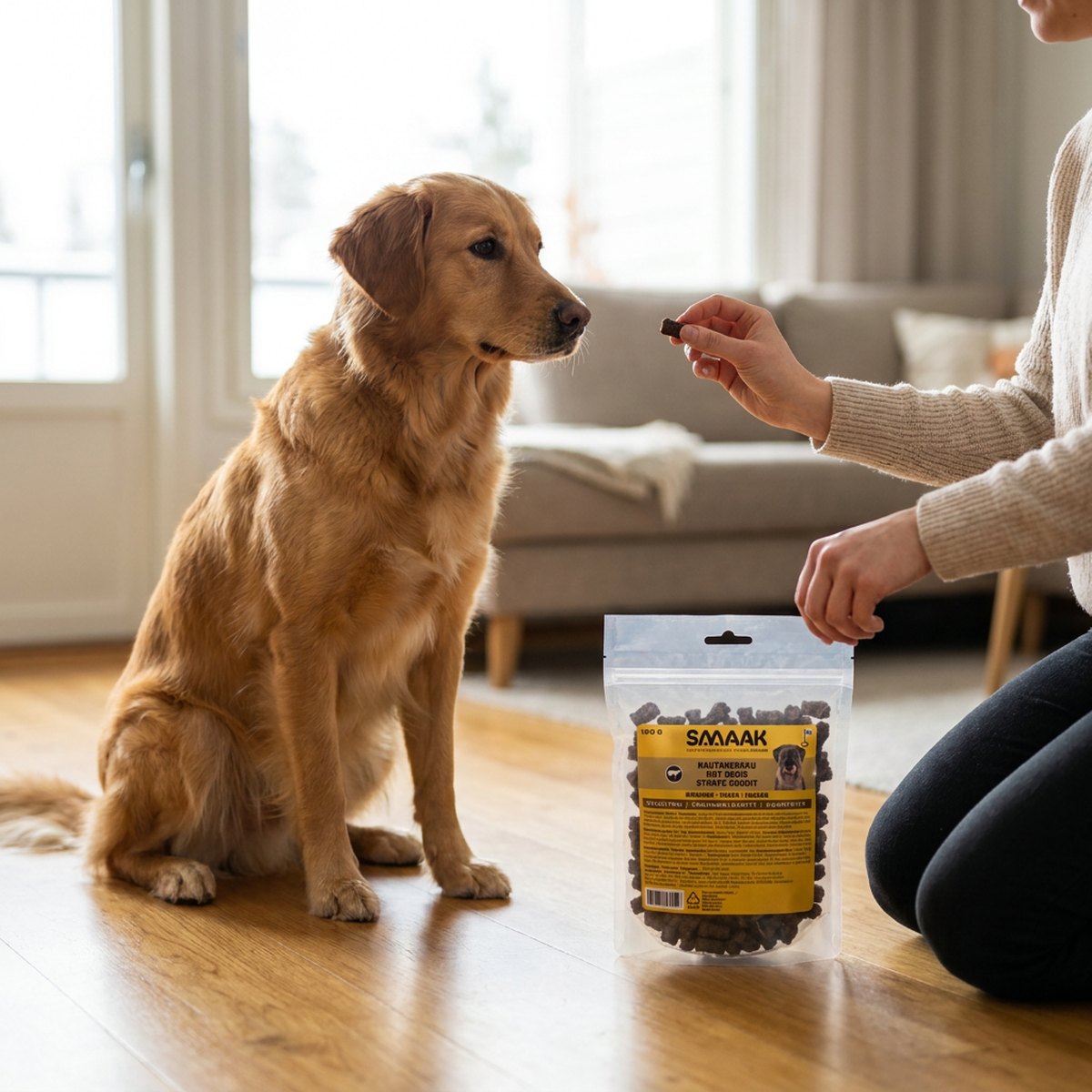 Hundägare håller upp ett litet halvmjukt hundgodis mot en sittande golden retriever med SMAAK-påsen bredvid