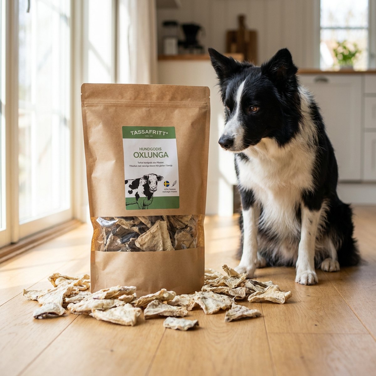 Border collie sitter bredvid ett kilopack TassaFritt Oxlunga med luftiga torkade bittar utspridda på golvet