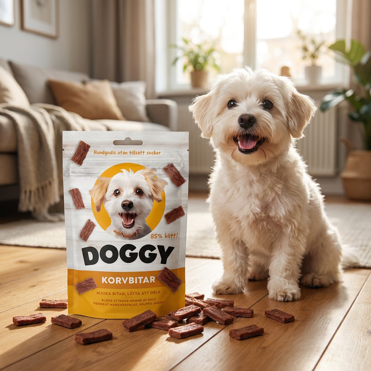 Litet vitt fluffigt hundar bredvid en gul och vit påse Doggy Korvbitar med korva bitar utspridda på parkettgolvet
