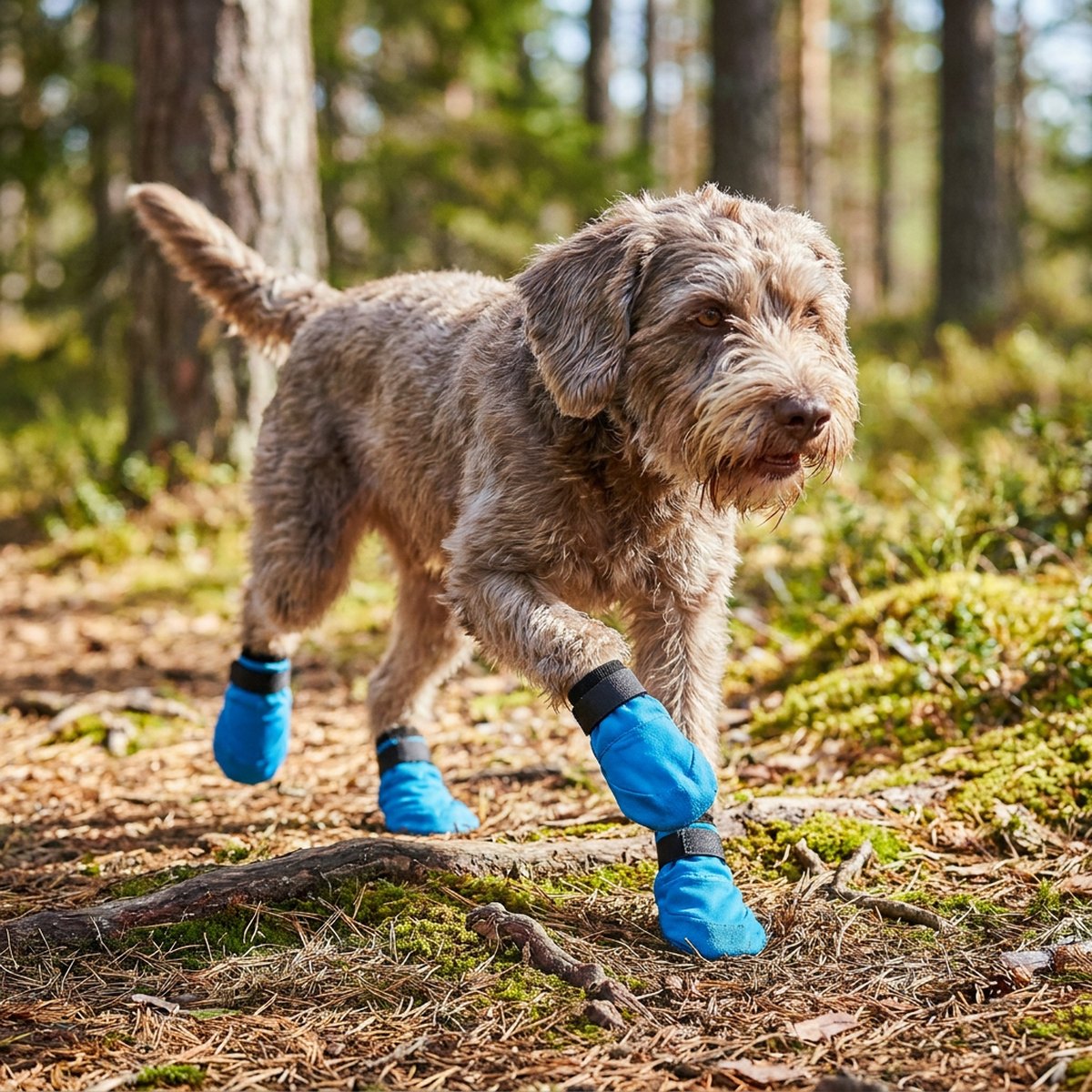 Hund på en skogsstig som bär ljusblå Non-stop Long Distance lätta tygskor med svart övre kant