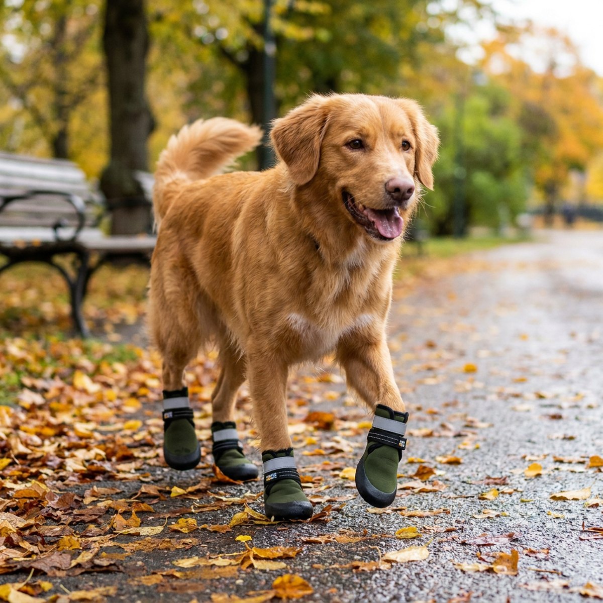 Hund på en lövtäckt parkväg som bär olivgröna Rukka Trace Boots neoprenskor med svart gummisula