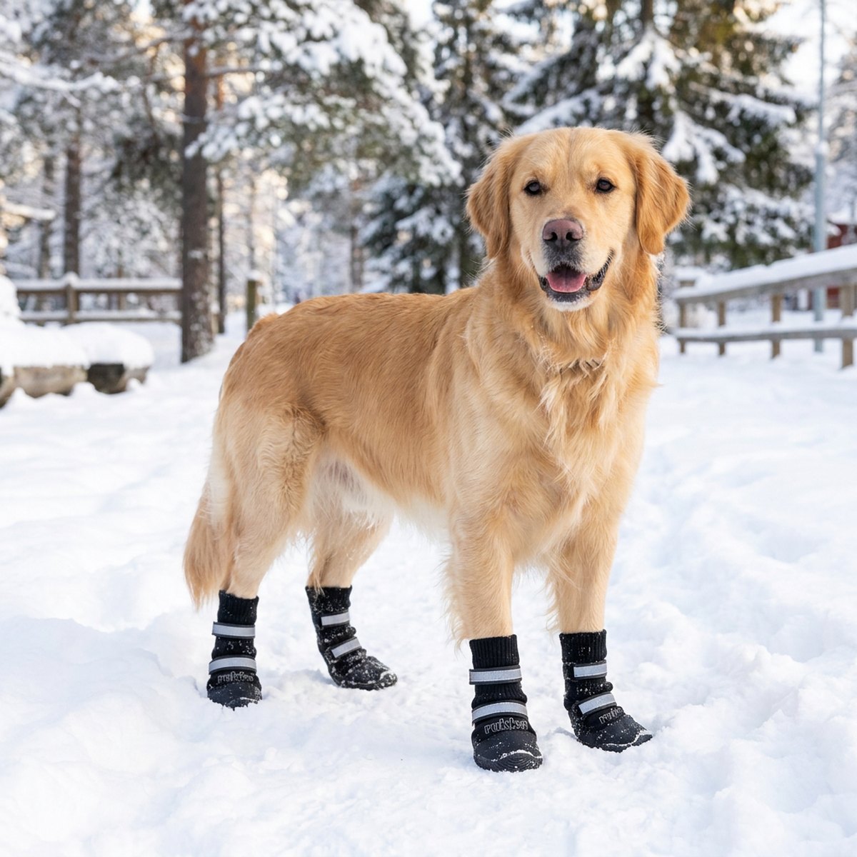 Golden retriever i snö som bär svarta Rukka Thermal Winter vinterskor med ribbad kant och reflexband