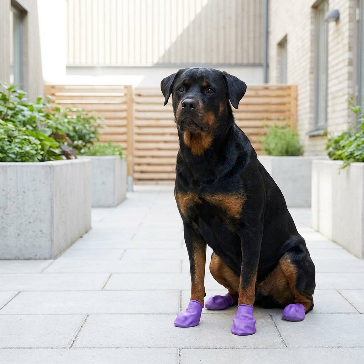 Sittande hund på en stensatt gård som bär tunna lila PawZ gummiskor utan sula