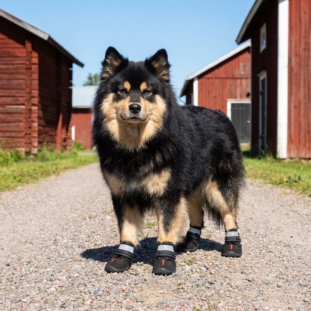 Hund på en grusig gårdsplan som bär svarta Rukka Proff arbetsskor med kraftig sula och reflexrem