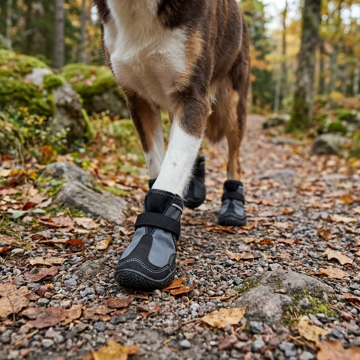 Brunvit hund går på en grusig skogsstig bland höstlöv med grå och svarta Feel Active Hiker-hundskor med kardborreband och grov gummisula