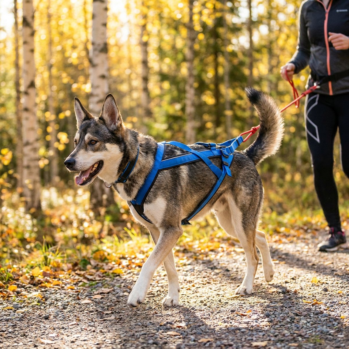 Hund som promenerar med ägare i höstskogen iklädd blå och svart justerbar dragsele