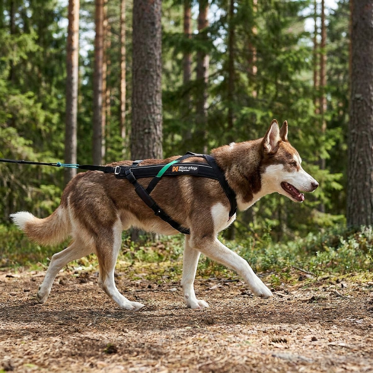 Hund som springer i skogen iklädd svart Freemotion-dragsele med Non-stop-logga