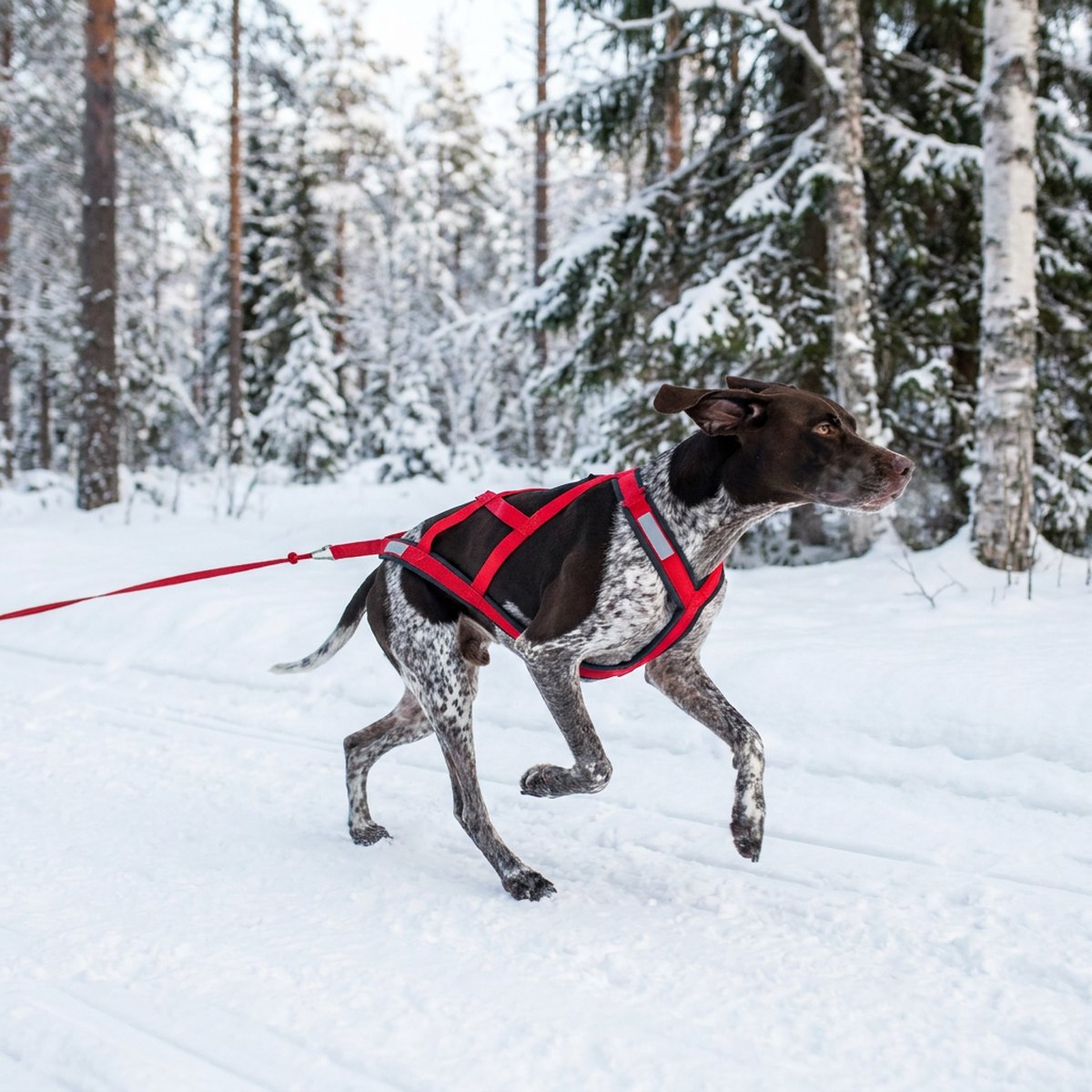 Smal hund som springer i vinterskogen iklädd röd och svart X-back-racingsele