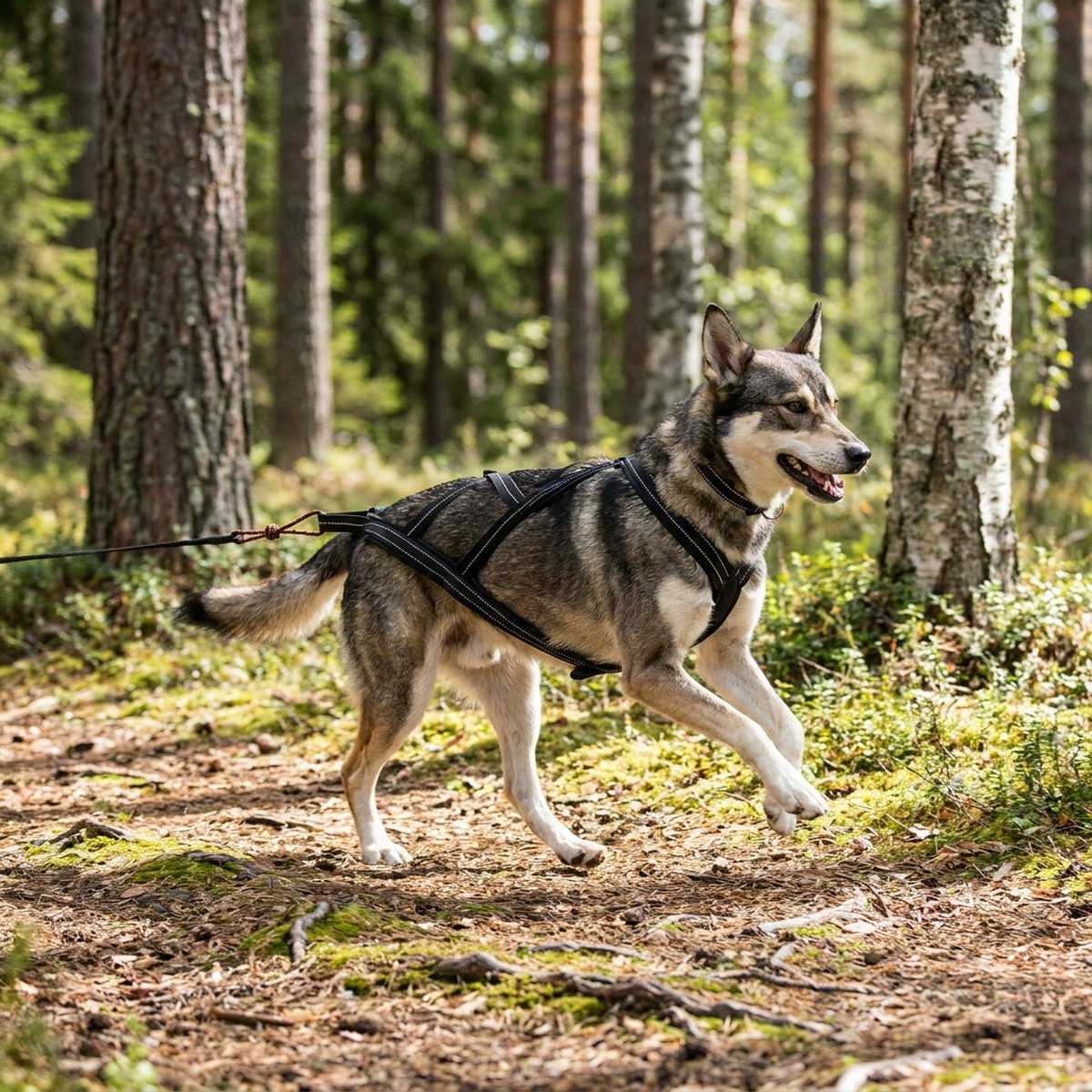 Hund som springer i skogen iklädd svart X-back-dragsele med reflexsömmar
