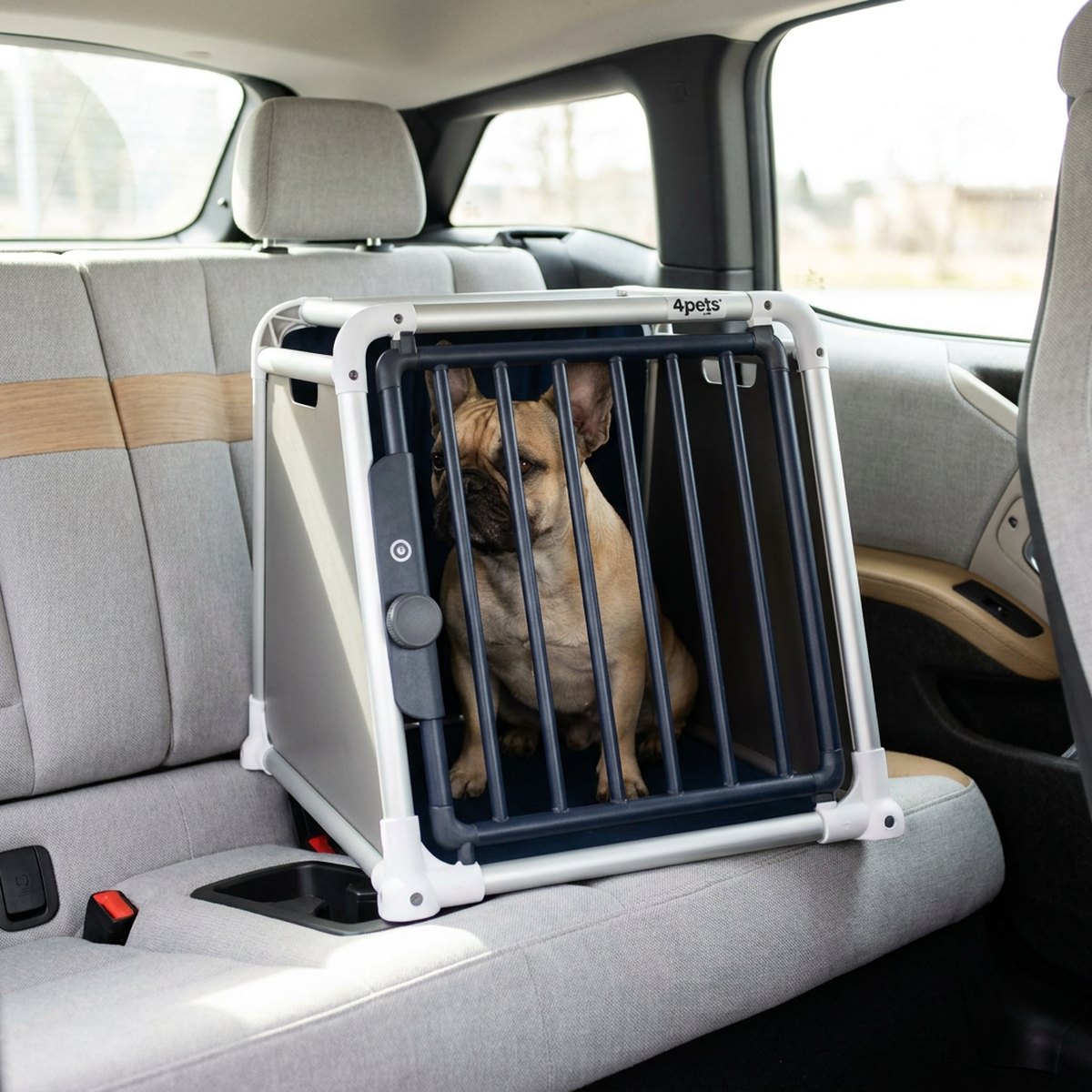 4Pets ECO 1 kompakt trapetsformad bilbur med vit ram och mörka galler på baksätet i en liten bil med en liten hund inuti