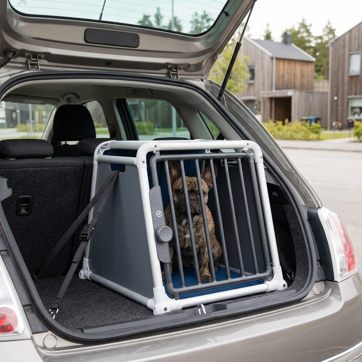 4Pets ECO 1, en kompakt trapetsformad bilbur med ljus ram och mörka galler, fastspänd mot baksätets ryggstöd i bagageutrymmet på en mindre bil med en liten hund inuti