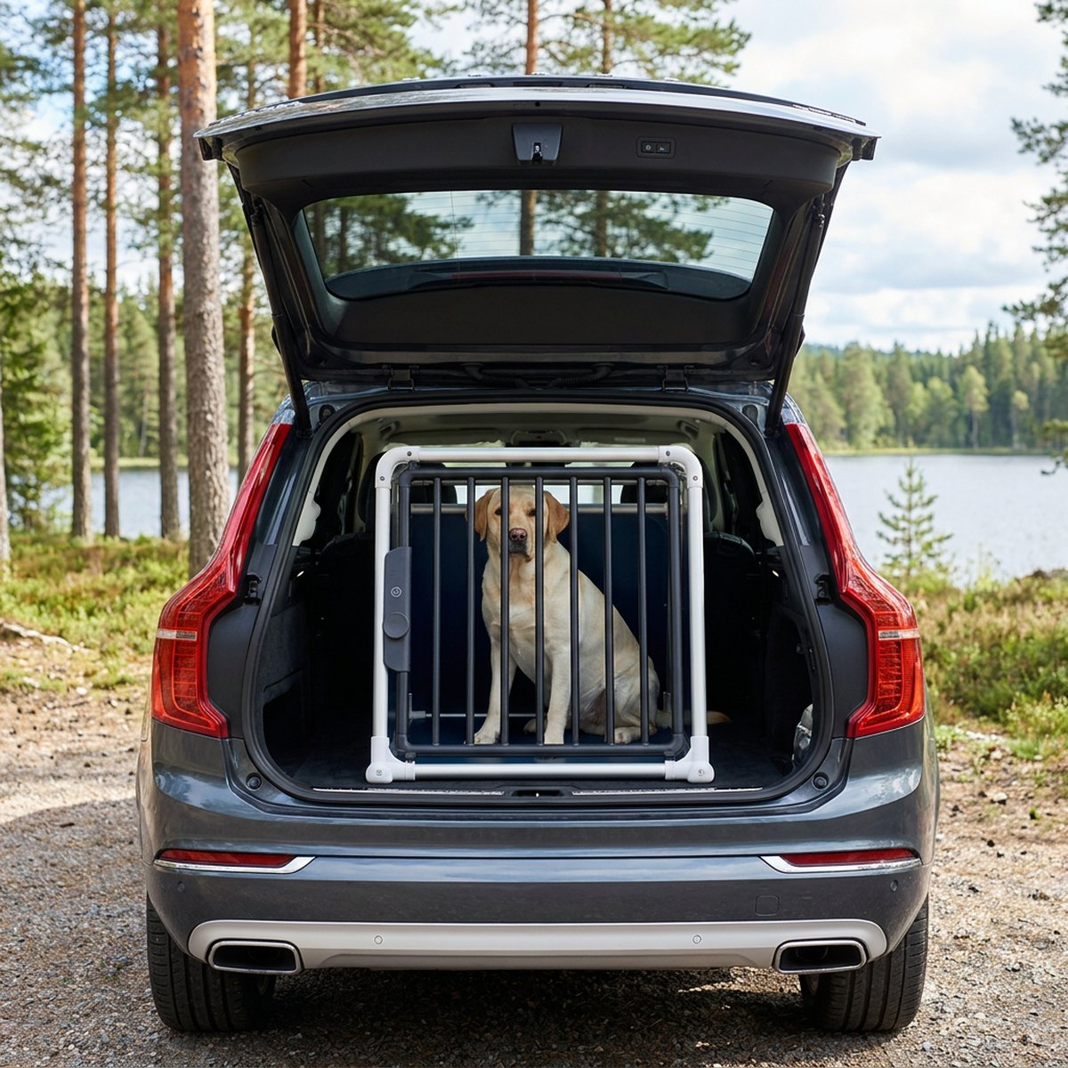 4Pets ECO 3 stor vit-silver bilbur med mörka galler i bagageutrymmet på en SUV, labrador sitter lugnt inuti vid en sjö i skogen