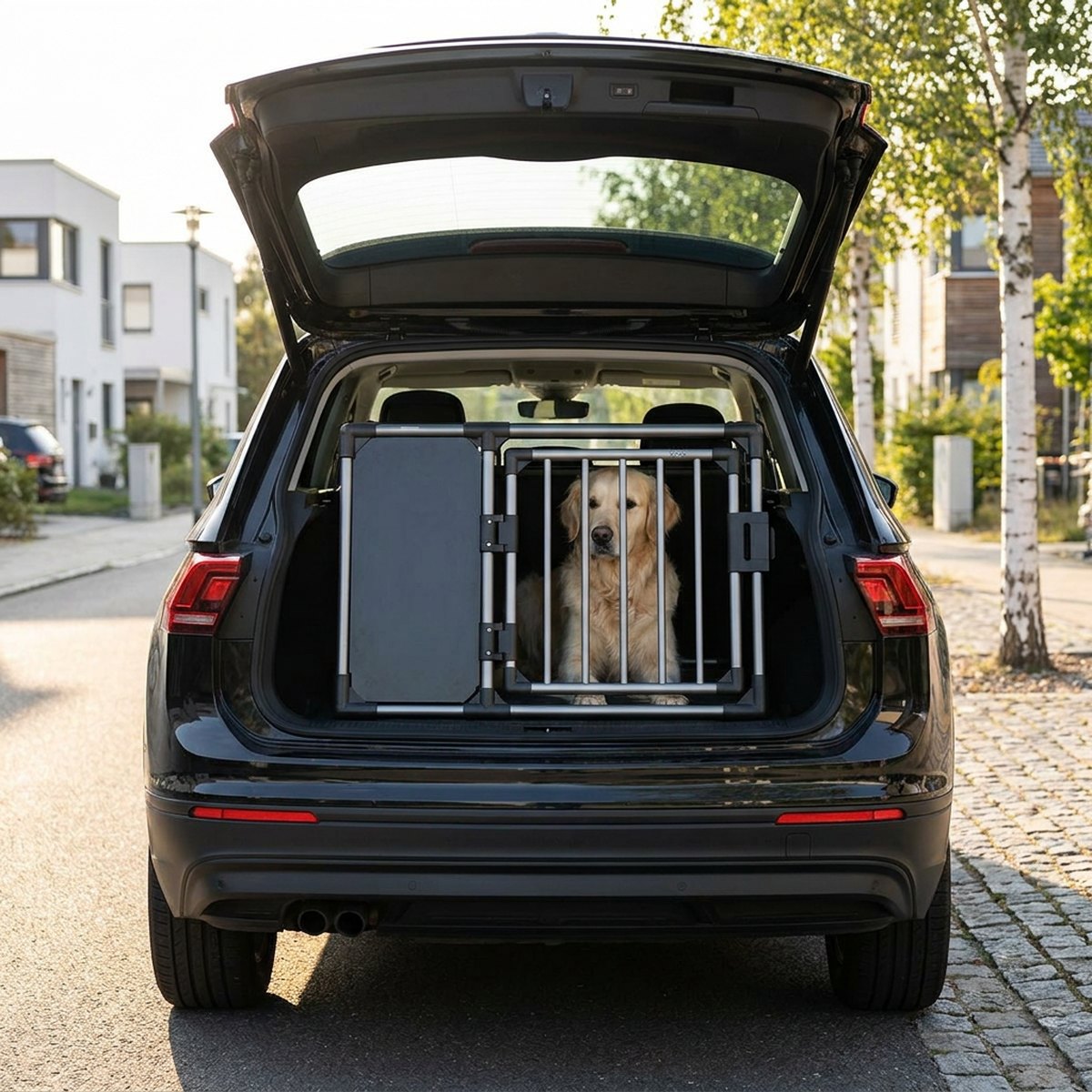 Trixie Bilbur Aluminium i mörk aluminium med silvertallrikar på dörren i bagageutrymmet på en svart SUV, golden retriever inuti