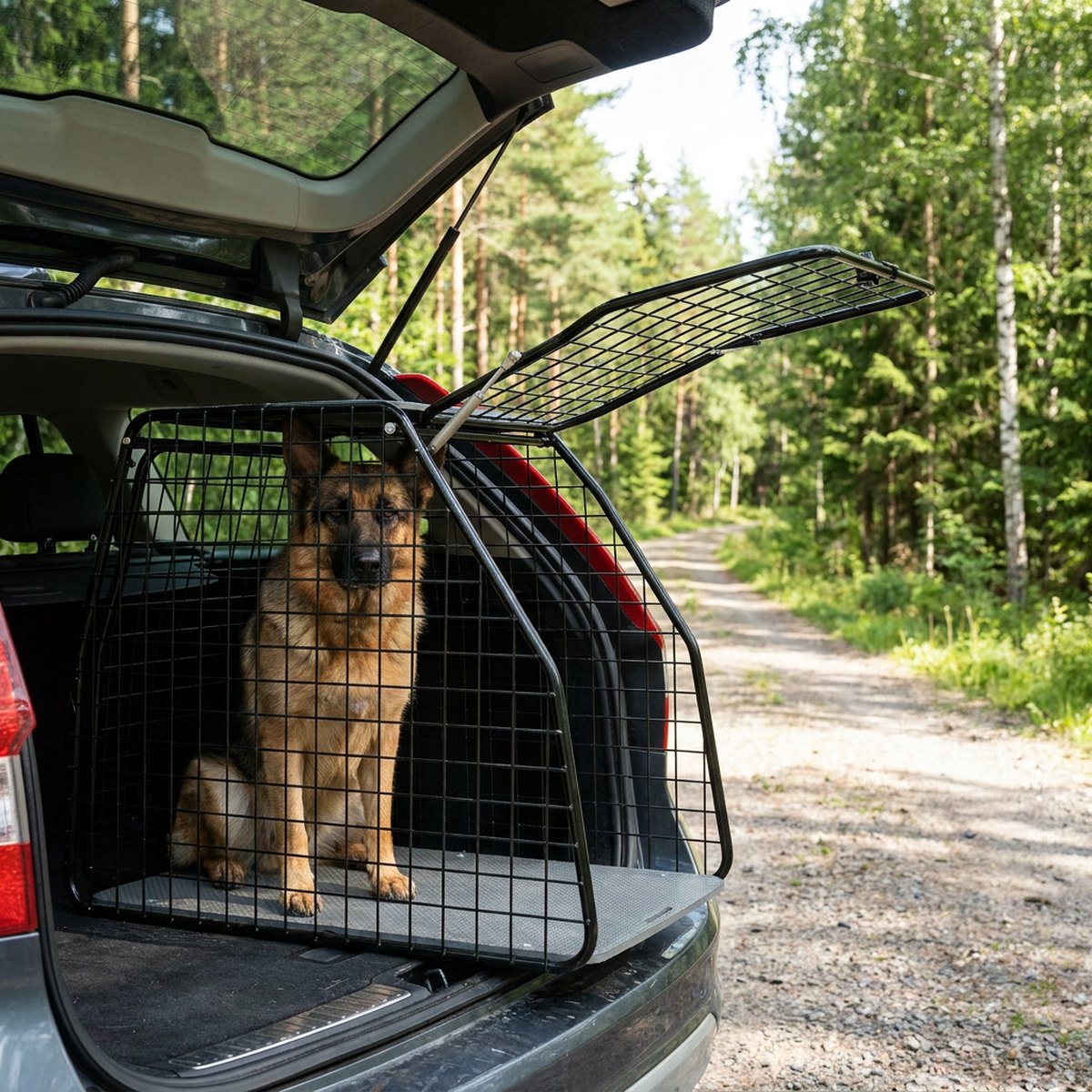 Artfex Hundbur i svart trådnätskonstruktion med öppet topplucka i bagageutrymmet på en kombi i skogen, schäfer sitter inuti