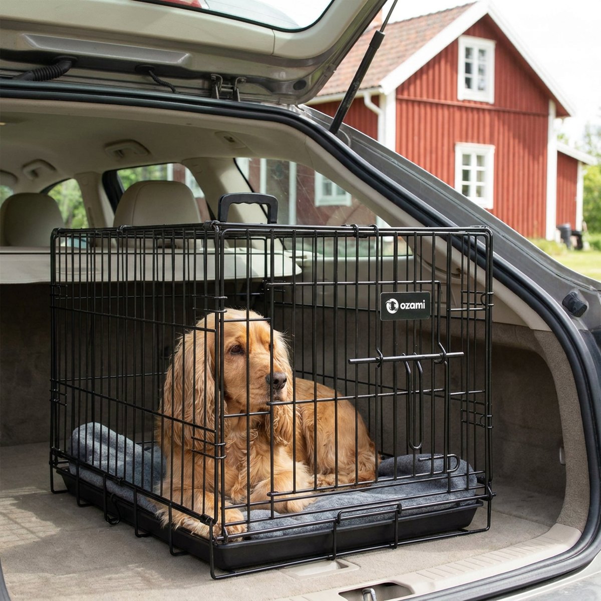 Ozami Hundtransportbur i svart gallermetall i bagageutrymmet på en kombi med cocker spaniel vilande på en filt, rött hus i bakgrunden