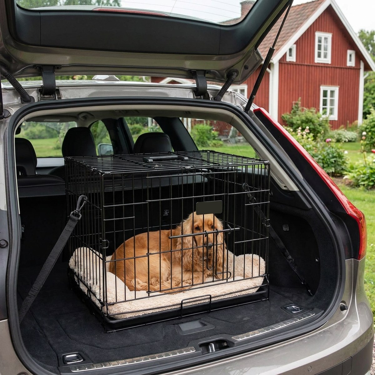 Svart hopfällbar gallerbur fastspänd med remmar mot baksätets ryggstöd i bagageutrymmet på en kombi, med en cocker spaniel som vilar på en filt inuti