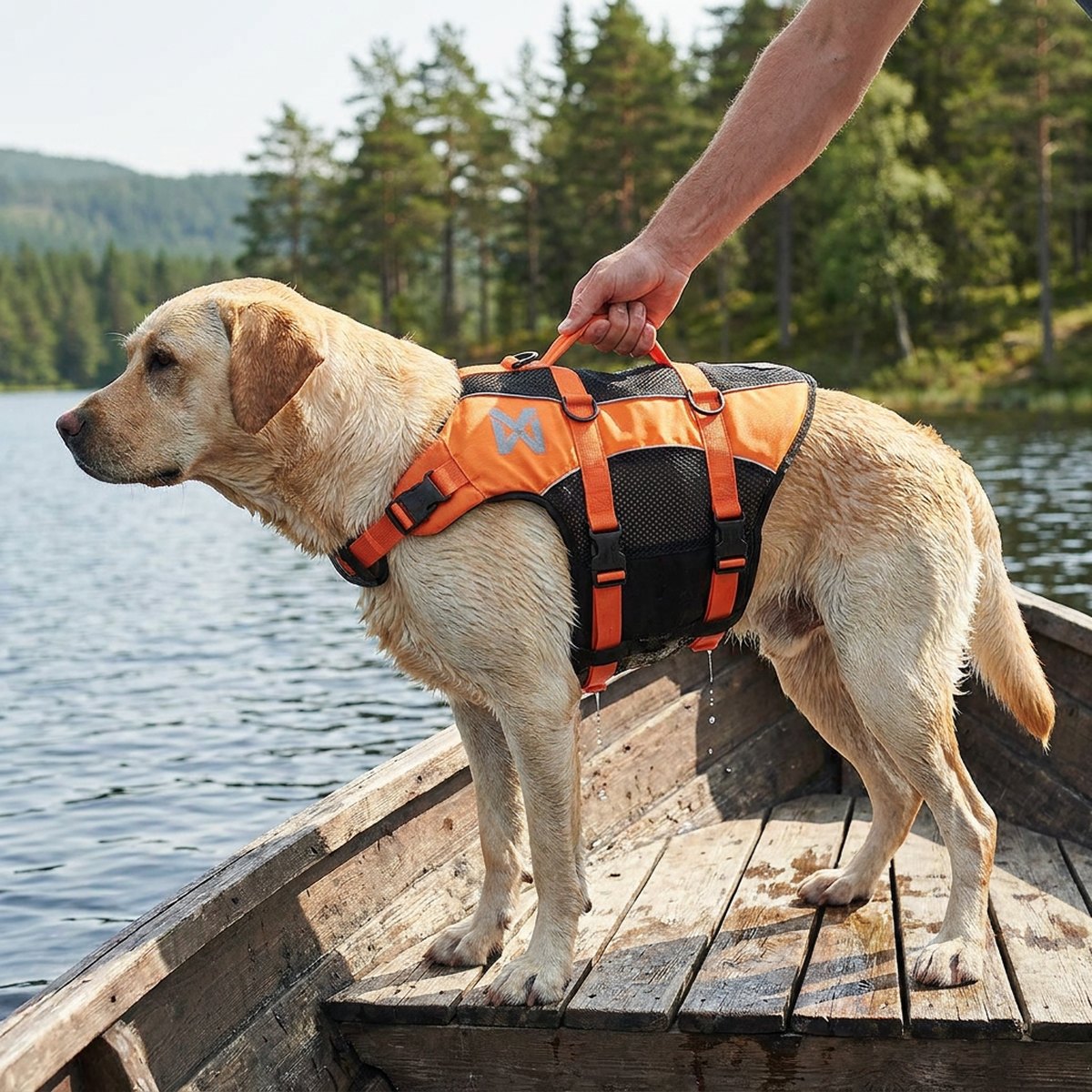 Labrador med orange och svart Non-stop Dogwear Protector flytväst på träbåt, ägare håller i lyfthandtaget