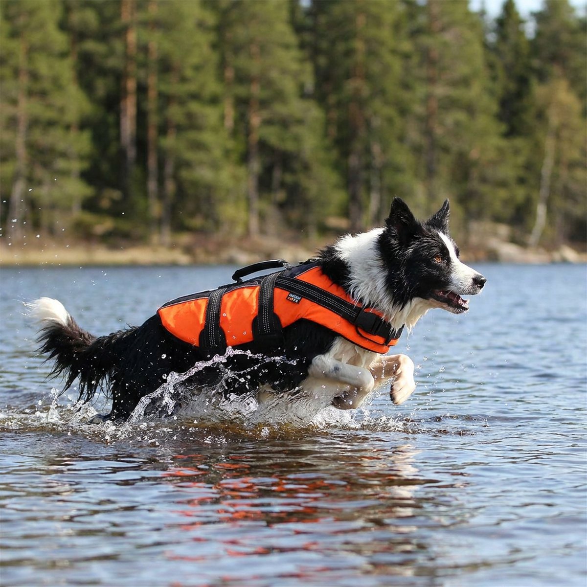 Border Collie med knallorange Rukka Safety flytväst i full fart i en svensk sjö