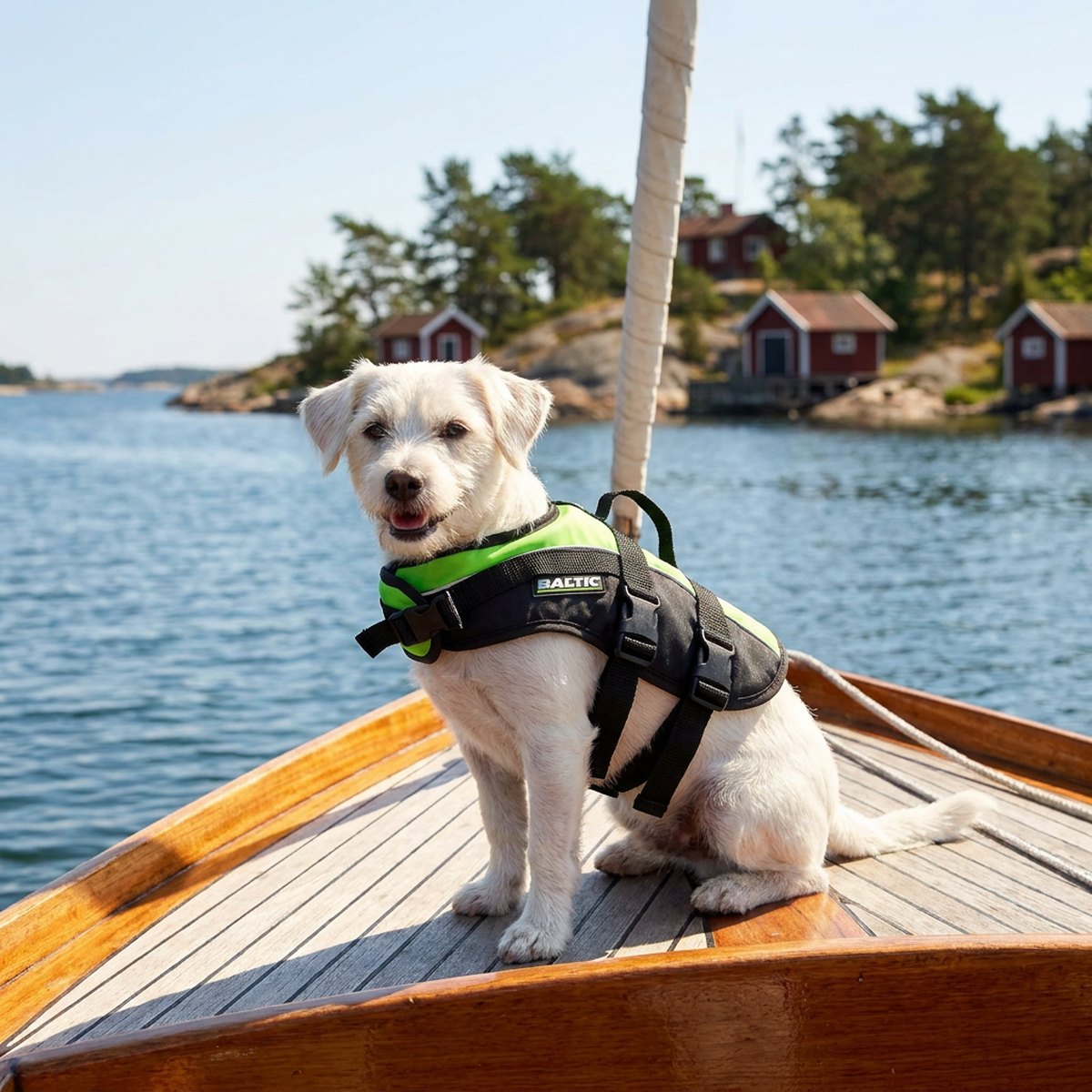 Liten vit hund med svart och grön Baltic Mascot flytväst sittande på träbåt i skärgården