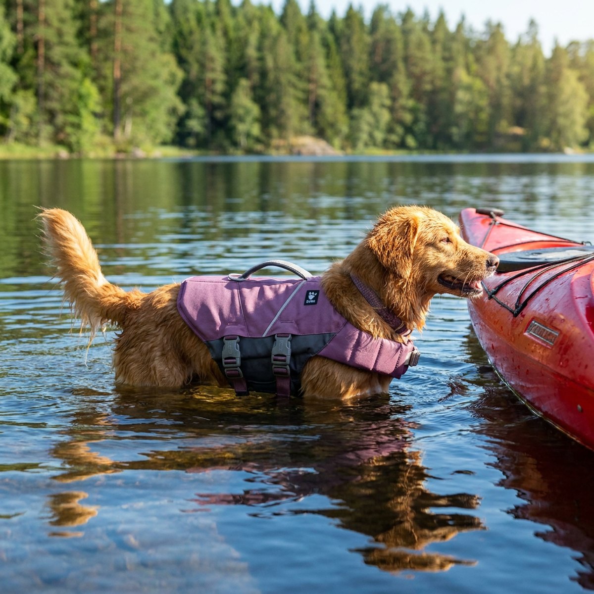 Golden retriever med lila Hurtta Life Savior ECO flytväst bredvid en kajak på en svensk sjö