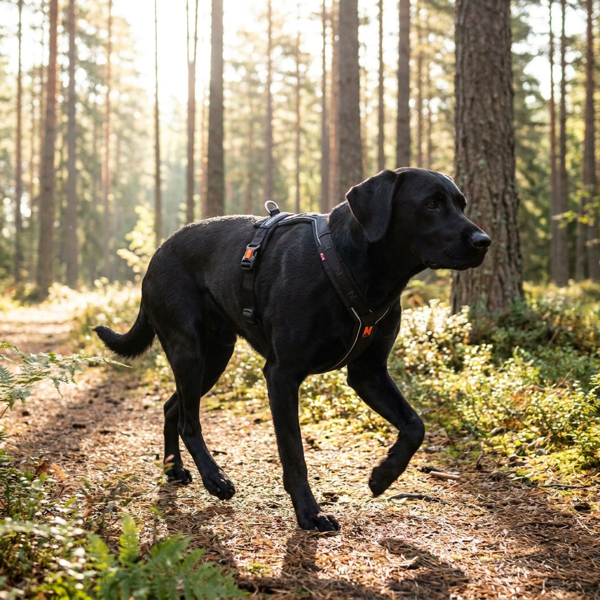 Svart hund med Non-stop Dogwear Line 5.0 svart Y-sele joggandes på skogsstig