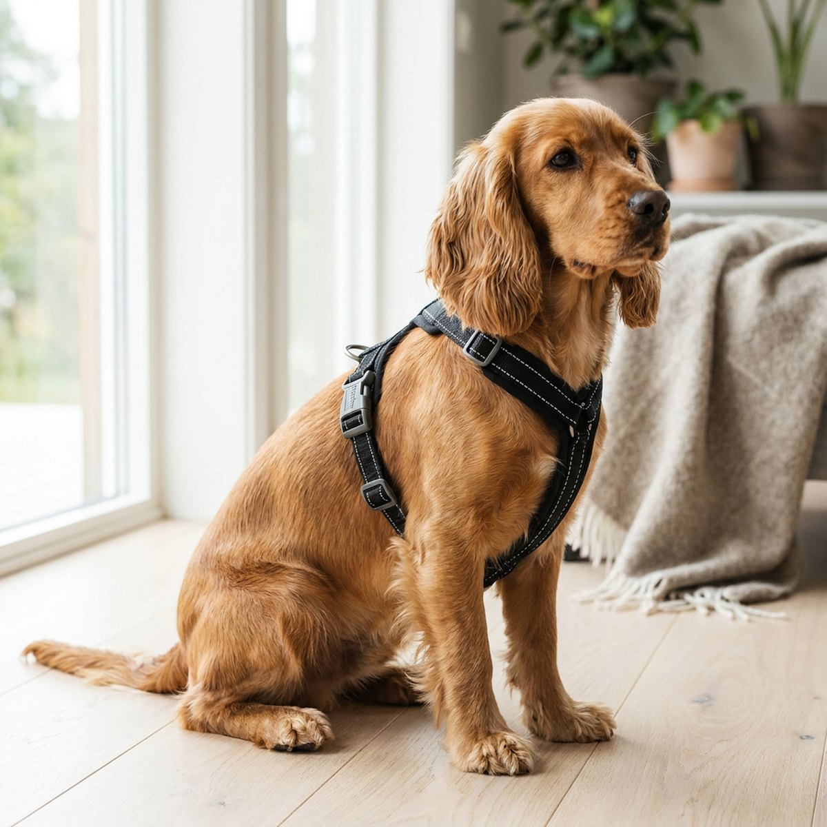 Hund med svart Hurtta Casual ECO Y-sele sitter i ljust skandinaviskt vardagsrum