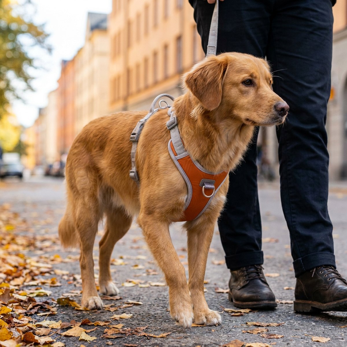 Hund med orange och grå Hurtta Venture No Pull antidragsele på stadsgatupromenad