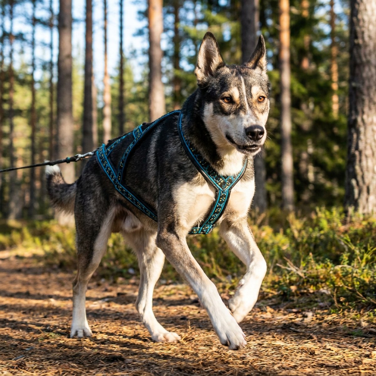 Arbetshund med svart och turkos Manmat Hound dragsele springer på skogsstig