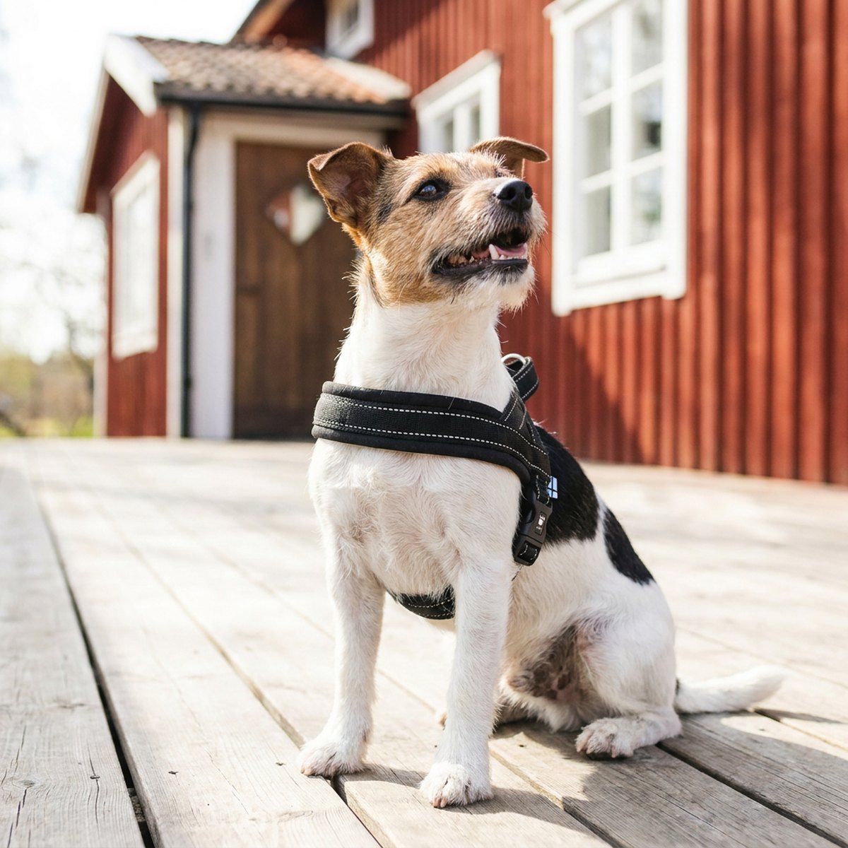 Liten hund med svart Hurtta Casual Y-sele sitter på träaltan framför rött hus