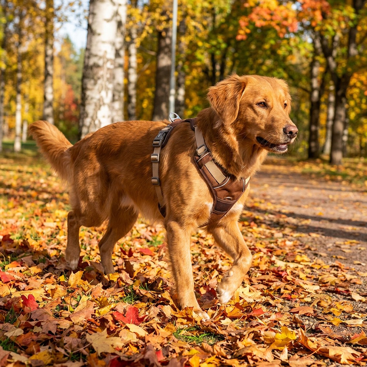 Hund med Ruffwear Front Range antidragsele promenerar i höstpark med fallöv