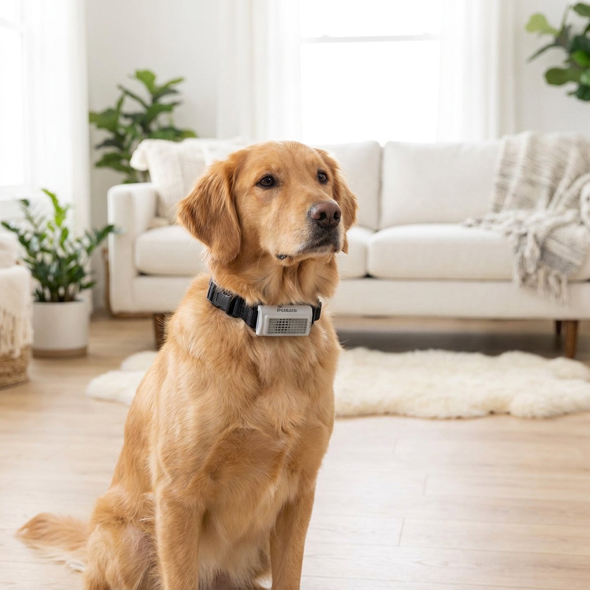 Hund i ljust vardagsrum med svart halsband med ljusgrå rektangulär ultraljudsmodul