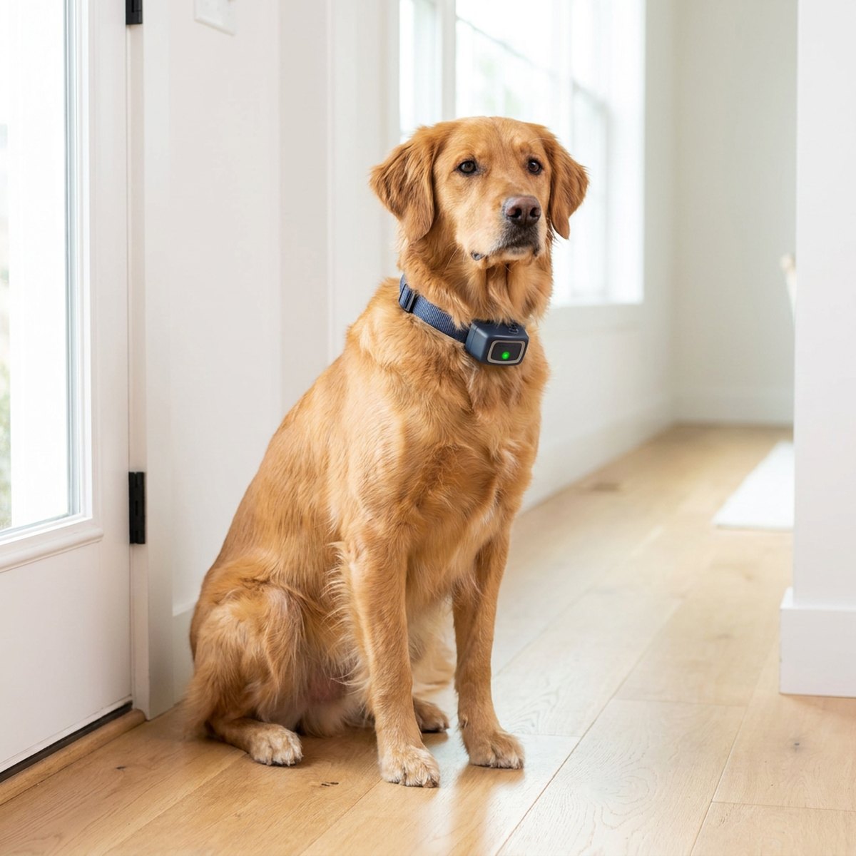 Hund i skandinavisk hall som bär marinblått PetSafe sprayhalsband med grön LED