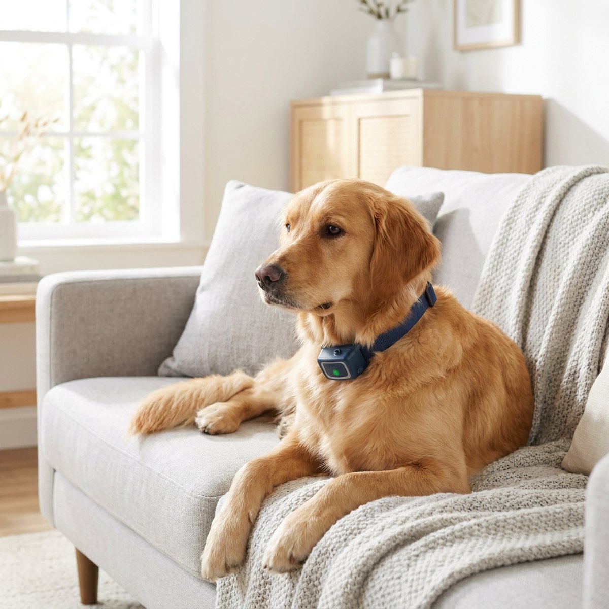 Hund vilande på soffa med marinblått PetSafe sprayhalsband i skandinaviskt hem