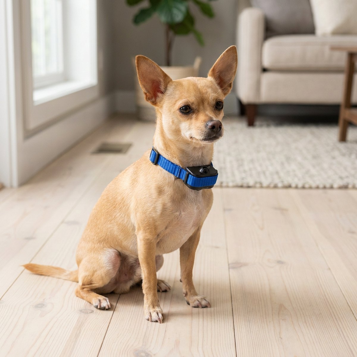 Liten hund med blått PetSafe antiskällhalsband på ett ljust trägolv