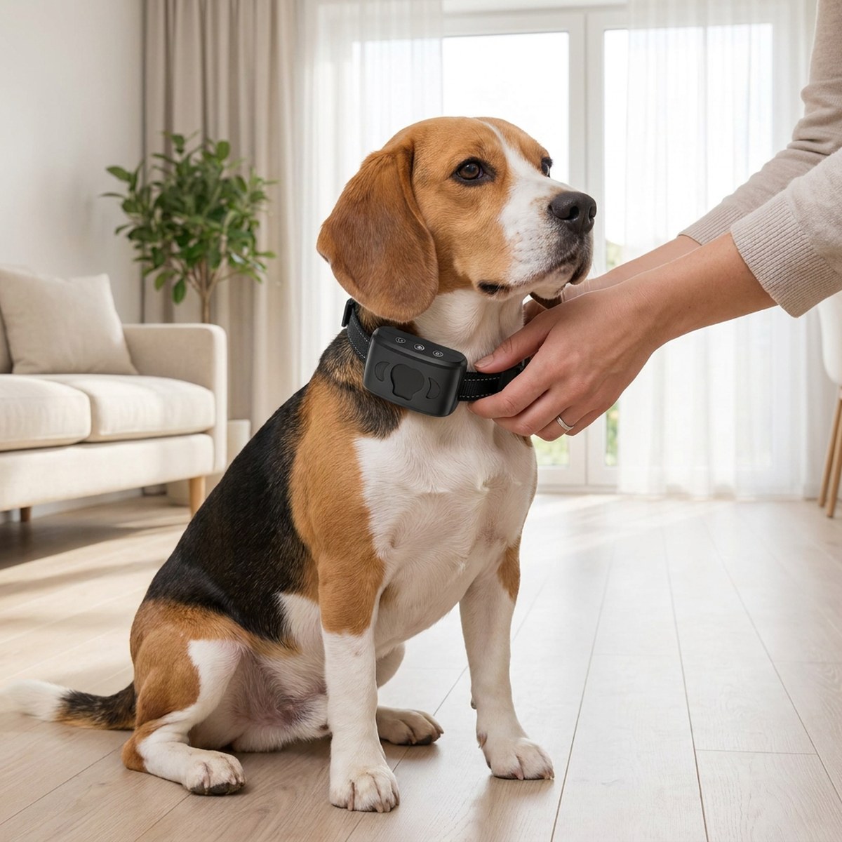 Beagle i vardagsrum får sitt svarta Animigo antiskällhalsband med vibrationsenhet justerat av sin ägare