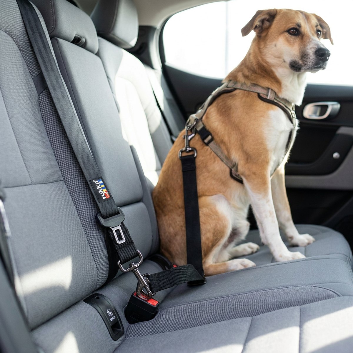 Hund säkrad i bilbaksätet med svart nylonband Rukka Pets Car Seatbelt kopplat till ISOFIX