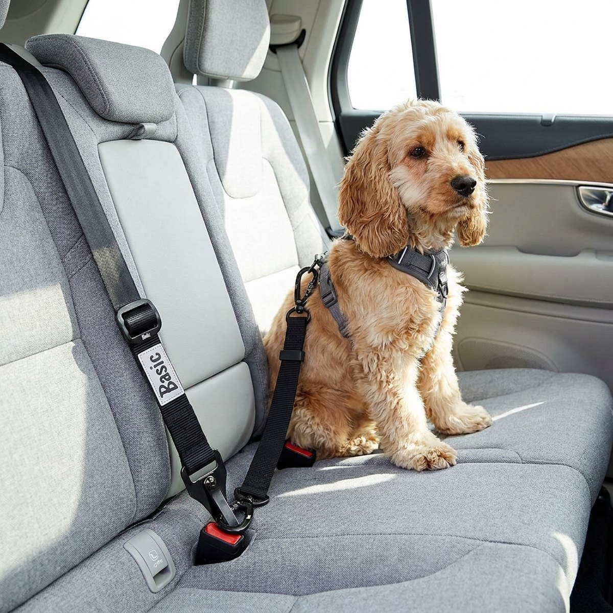 Liten hund i bilbaksätet med svart ISOFIX-band Basic Travel Isofix fäst i hundselen