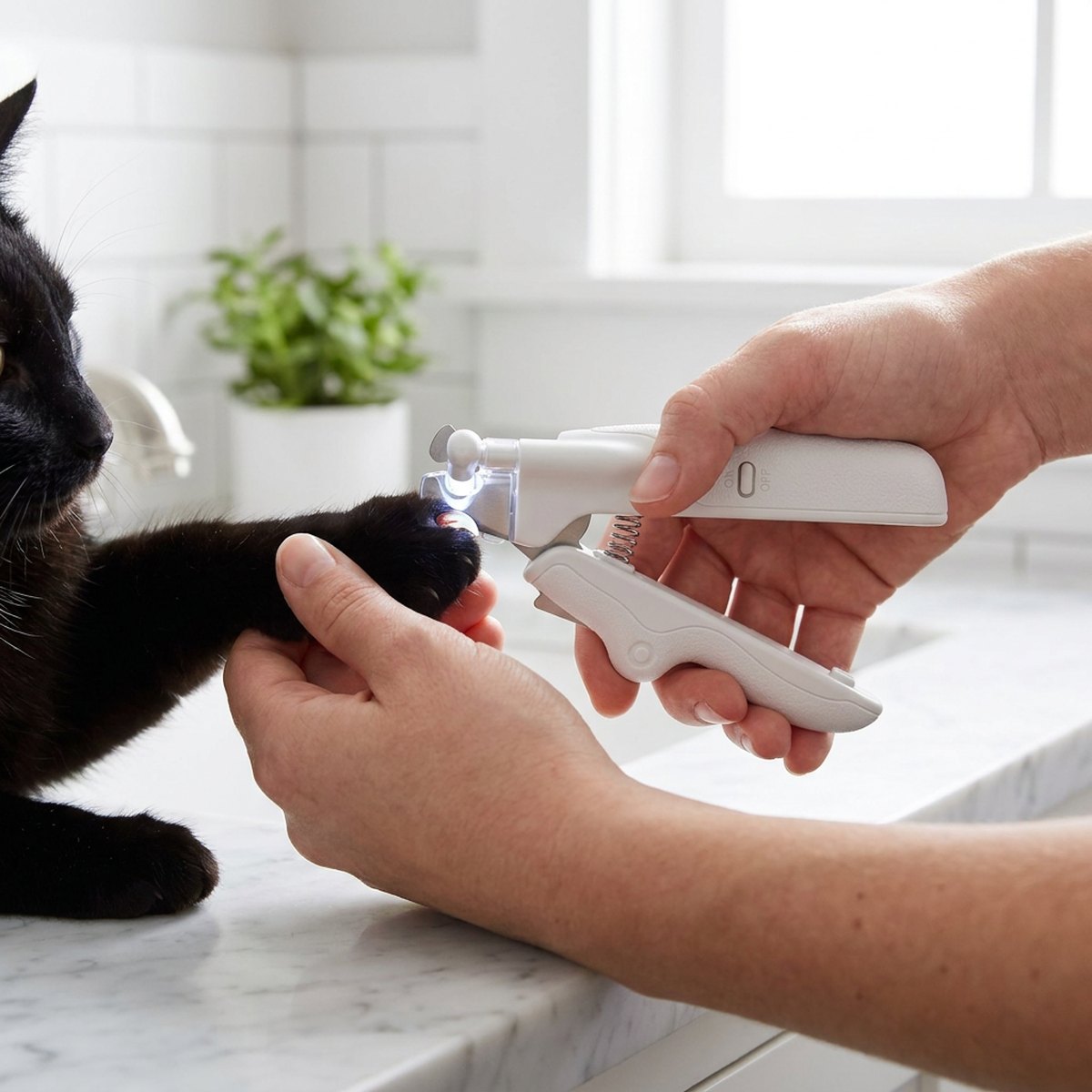 Person använder en vit LED-klotång för att lysa upp och klippa klon på en svart katt på ett badrumsräcke, LED-lampan lyser upp klon underifrån
