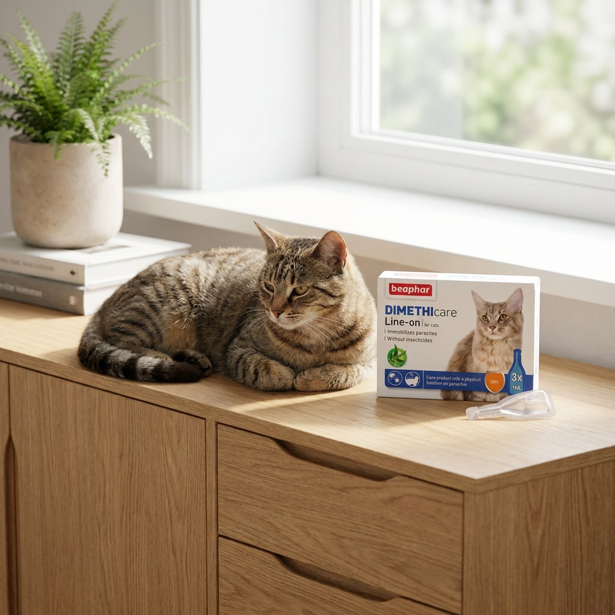 Tabbykatt som vilar på en ljus träbyrå bredvid en förpackning Beaphar DIMETHIcare Line-on och en pipett