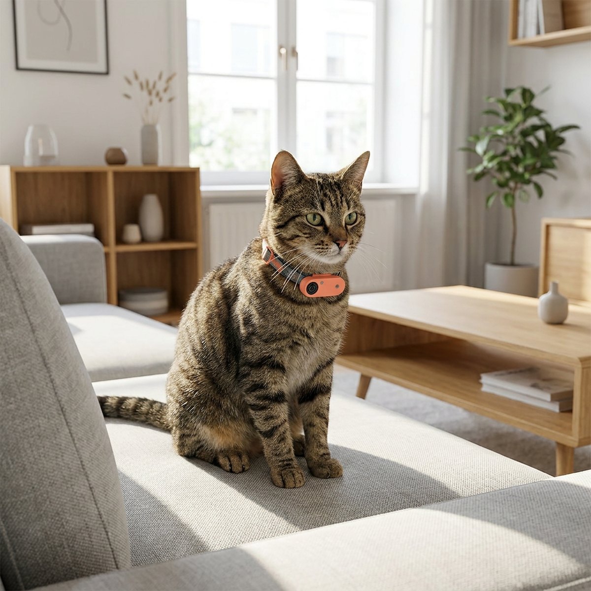 Tabby-katt liggandes på en ljusgrå soffa i ett skandinaviskt vardagsrum med en liten elektronisk Tickless Mini Cat clip-on fäst i kragen