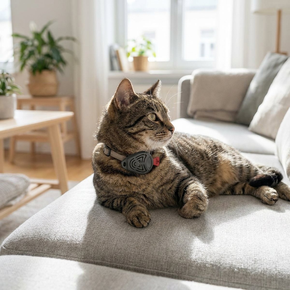 Tabby-katt vilandes på en ljusgrå soffa i ett skandinaviskt vardagsrum med en liten olivfärgad Tickless Eco Pet clip-on fäst i kragen