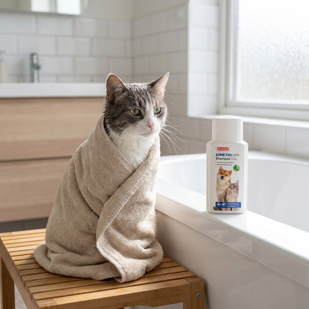 Katt insvept i en handduk efter badet bredvid en flaska Beaphar DIMETHIcare Shampoo på badkarskanten
